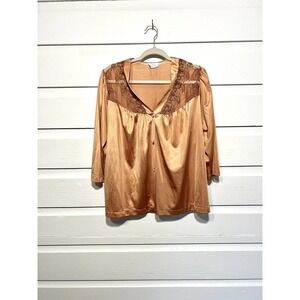 VTG VANITY FAIR USA SZ MEDIUM WOMENS ORANGE SATIN LONG SLEEVE PAJAMA TOP